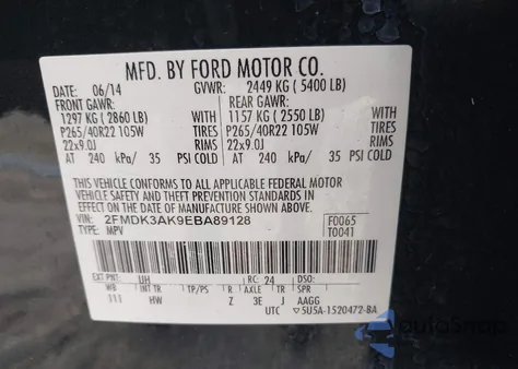 2014 Ford Edge Sport from USA, damaged, VIN 2FMDK3AK9EBA89128